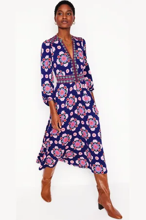 Boden Lily Long Sleeve Midi Dress-Starboard Blue, Meadow Posy Female