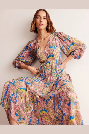 Boden V Neck Puff Maxi Dress-Multi, Foliage Paisley Female