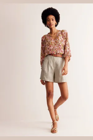 Boden Pleated Linen Shorts-Neutral Metallic Female