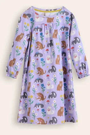 Boden Printed Long-sleeved Nightie-Misty Lavender Cats Female