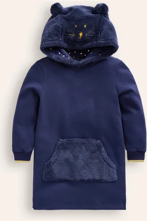 Boden Fleece Novelty Hoodie Dress-College Navy Cat Female