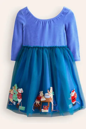 Boden Velvet Tulle Appliqué Dress-Bluejay Festive Mice Female