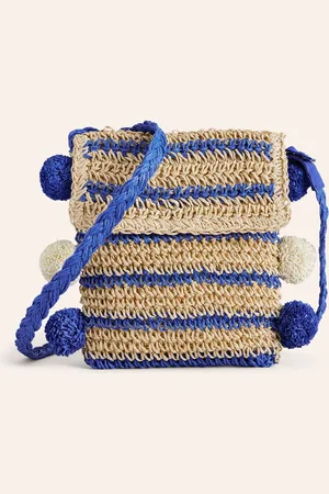 Boden Cross-Body Straw Bag-Blue Stripe Poms Female