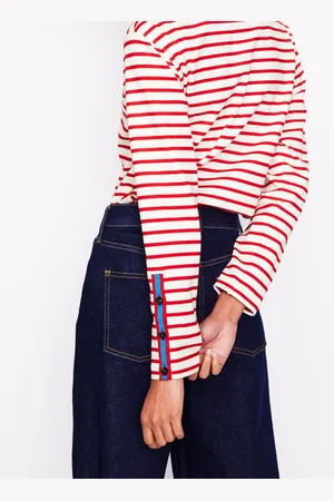 Boden Button Cuff Mariner Breton-Red, Ivory Stripe Female