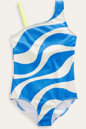 Boden One Shoulder Swimsuit-Ivory and Cabana Blue Wave Female