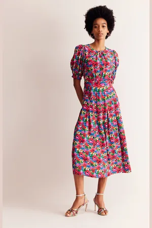 Boden Liv Pleat Detail Midi Dress-Multi, Wild Poppy Female