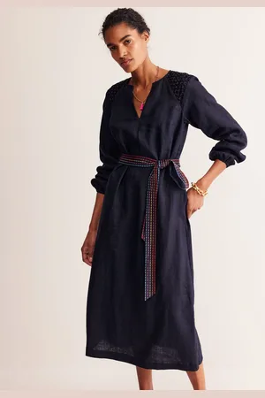 Boden Linen Midi Smocked Dress-Navy Female