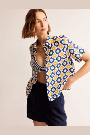Boden Hazel Short Sleeve Linen Shirt-Surf The Web, Geometric Stamp Female