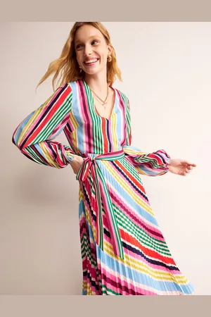 Boden V-Neck Pleated Midi Dress-Varigated Multistripe Female