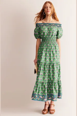 Boden Cotton Midi Smocked Dress-Stone Green, Passion Geo Female
