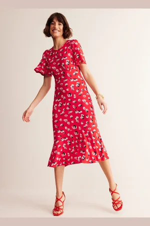 Boden Felicity Jersey Midi Tea Dress-Flame Scarlet, Botanical Petal Female