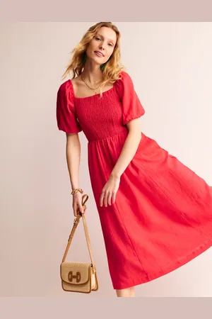 Boden Sky Smocked Linen Midi Dress-Hibiscus Female