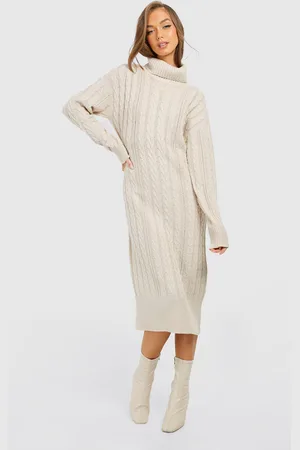 Boohoo Womens Cable Knit Roll Neck Midi Dress - - S