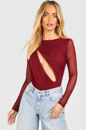 Boohoo Womens Ruched Mesh Cut Out Long Sleeve Bodysuit - - 6