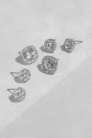 Boohoo Womens Silver Square Diamante Stud 3 Pack - - One Size