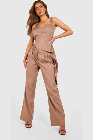 Boohoo Womens Linen Look Pleat Front Wide Leg Trousers - - 6