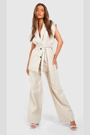 Boohoo Womens Tonal Stripe Linen Look Relaxed Fit Wide Leg Trousers - - 10