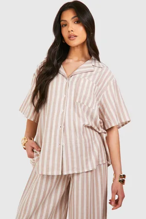 Boohoo Womens Maternity Linen Look Stripe Short Sleeve Shirt - - 8