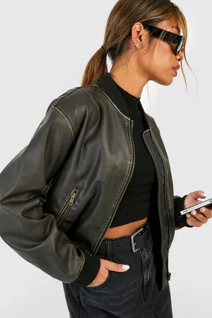 Boohoo Womens Vintage Look Faux Leather Oversized Cropped Bomber Jacket - - 16