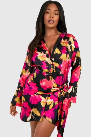 Boohoo Womens Plus Tie Front Printed Satin Shirt Dress - - 28