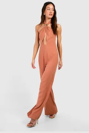 Boohoo Womens Tall Linen Look Gold Trim Halterneck Wide Leg Jumpsuit - - 8