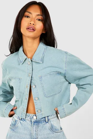 Boohoo Womens Bleach Wash Raw Hem Cropped Denim Shirt - - 6