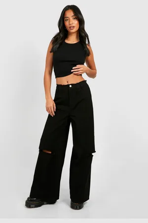 Boohoo Womens Petite Low Rise Fray Wide Leg Jean - - 6