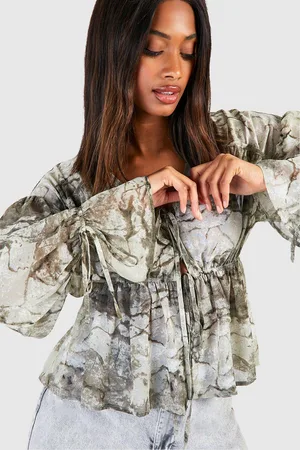 Boohoo Womens Chiffon Marble Tie Front Blouse - - 12