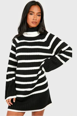 Boohoo Womens Petite Roll Neck Wide Sleeve Stripe Jumper Dress - - 12