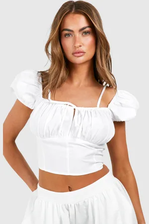 Boohoo Womens Poplin Puff Shoulder Crop Top - - 10