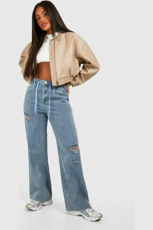 Boohoo Womens Pleated Waist Drawstring Ripped Jeans - - 6