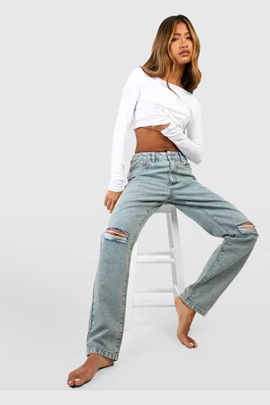 Boohoo Womens Basics 32 Inch Leg High Waisted Straight Leg Ripped Knee Jeans - - 6