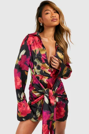 Boohoo Womens Tie Front Floral Shirt Dress - - 12