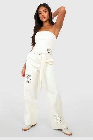 Boohoo Womens Crochet Mix Belted Wide Leg Jeans - - 8