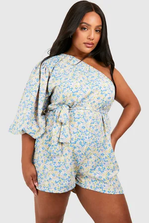 Boohoo Womens Plus Woven Ditsy Floral One Shoulder Belted Playsuit - - 16