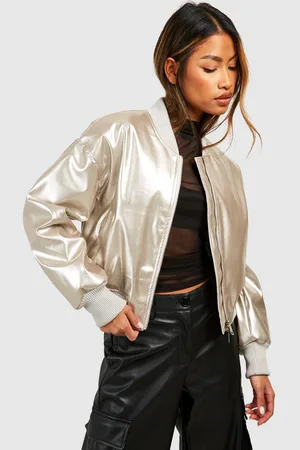 Boohoo Womens Metallic Vinyl Crop Faux Leather Bomber Jacket - - 14