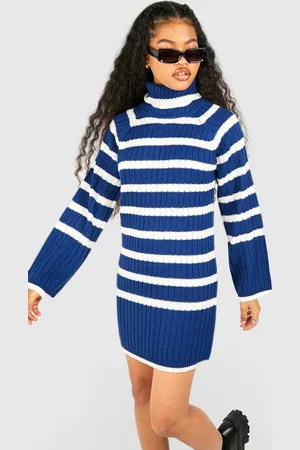 Boohoo Womens Petite Roll Neck Wide Sleeve Stripe Jumper Dress - - M