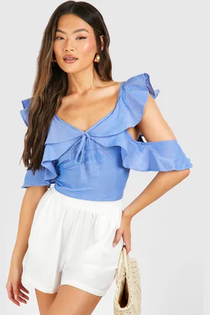 Boohoo Womens Chambray Ruffle Crop Top - - 8