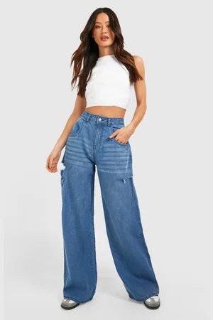Boohoo Womens Tall Washed Side Rip Wide Leg Jeans - 8