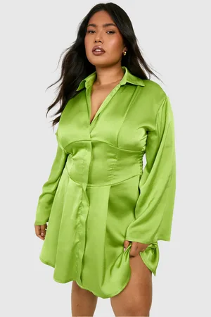 Boohoo Womens Plus Satin Corset Detail Flared Sleeve Shirt Dress - - 16