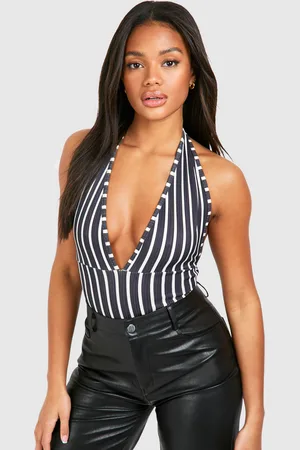 Boohoo Womens Stripe Halterneck Rib Bodysuit - - 6
