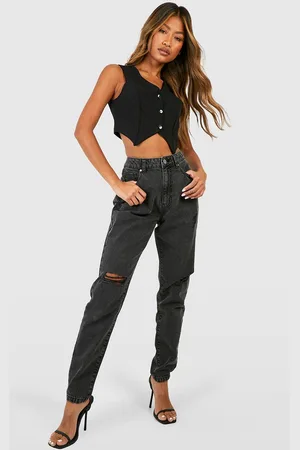 Boohoo Womens Basics 32 Inch Leg High Waisted Ripped Mom Jeans - - 8