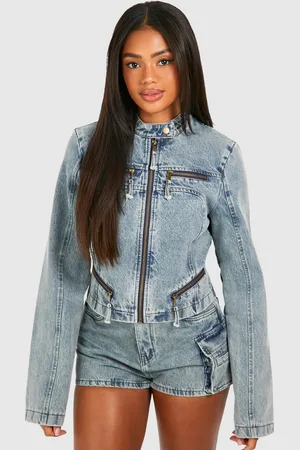 Boohoo Womens Zip Detail Slim Fit Denim Moto Jacket - - 8