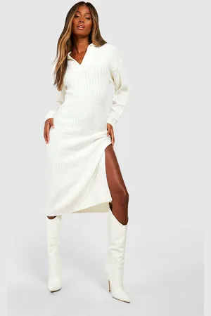 Boohoo Womens Wide Rib Knit Collared Soft Jumper Dress - - S