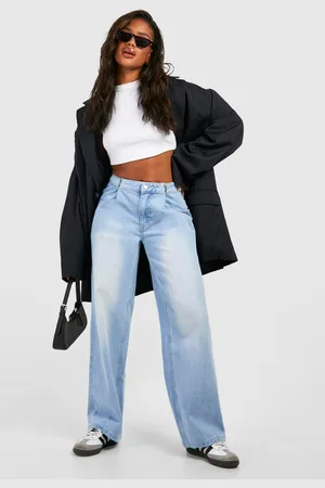 Boohoo Womens Adjustable Waistband Faded Wide Leg Jeans - - 10
