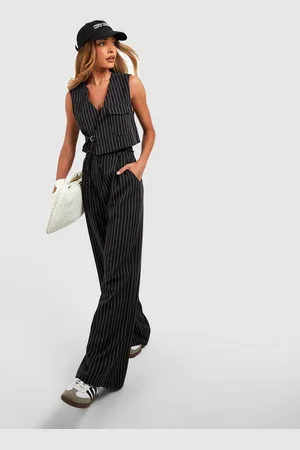 Boohoo Womens Pinstripe Tie Waist Tailored Wide Leg Trousers - - 6