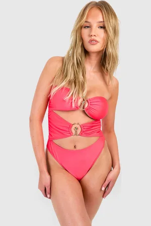 Boohoo Womens Gold Trim Bandeau Cut Out Swimsuit - - 6