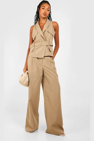 Boohoo Womens Pleat Front Wide Leg Tailored Trousers - - 16