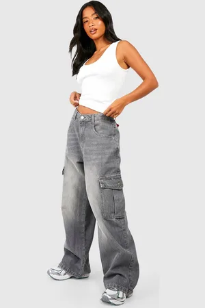 Boohoo Womens Petite Washed 28 Inch Wide Leg Cargo Jean - - 6