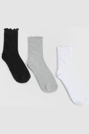 Boohoo Womens 3 Pack Ribbed Frilled Trim Crew Socks - - One Size